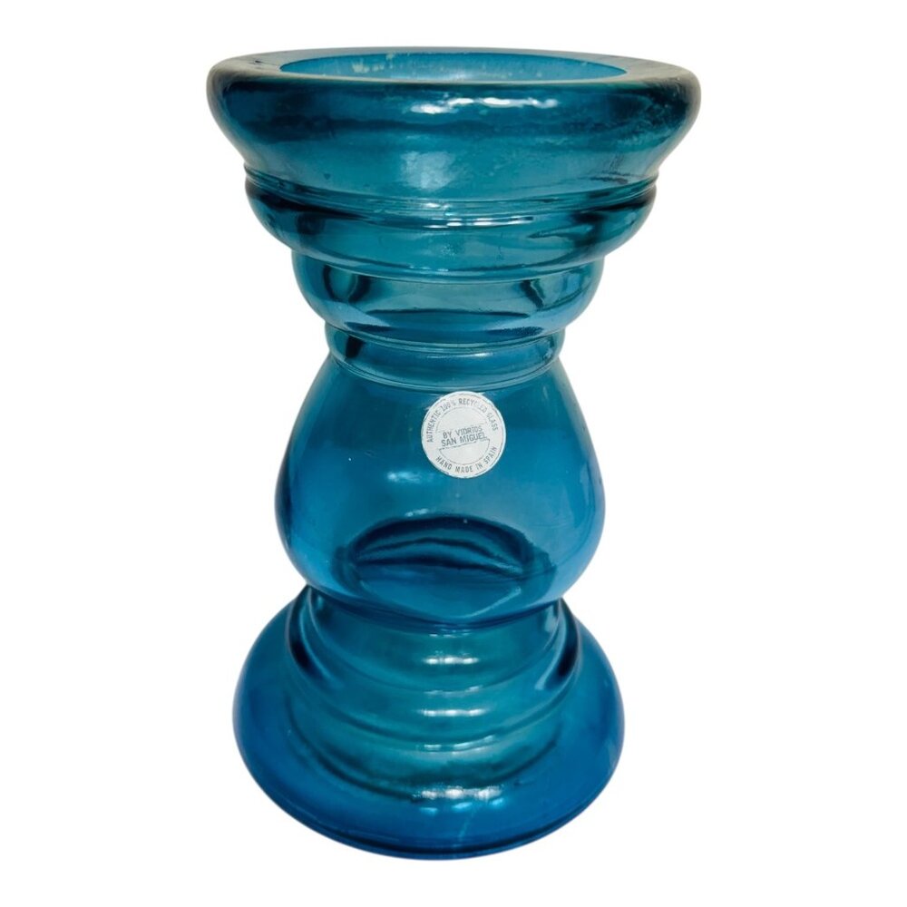 Handblown In Spain Vidrios San Miguel Blue Glass Candle Holder 8" Tall